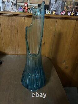 Large Vintage MCM Flame 21 Swung Vase Simplicity Ribbed Blue