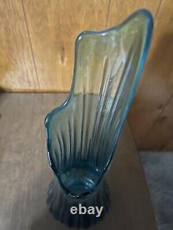 Large Vintage MCM Flame 21 Swung Vase Simplicity Ribbed Blue