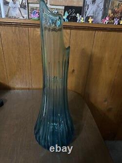 Large Vintage MCM Flame 21 Swung Vase Simplicity Ribbed Blue