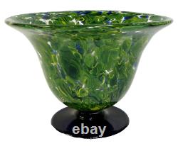 Large Vintage Peacock Feather Art Glass Bowl Vase on Cobalt Blue Base