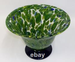 Large Vintage Peacock Feather Art Glass Bowl Vase on Cobalt Blue Base