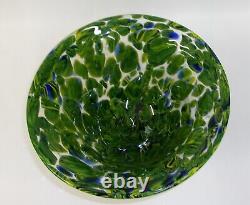 Large Vintage Peacock Feather Art Glass Bowl Vase on Cobalt Blue Base
