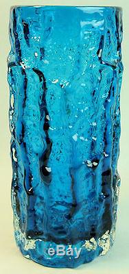 Large Whitefriars Baxter Design 9691 Kingfisher Blue Glass Bark Vase 1960's