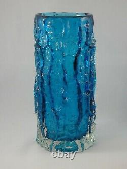 Large Whitefriars Geoffrey Baxter Kingfisher Blue Glass Bark Vase Textured 9691