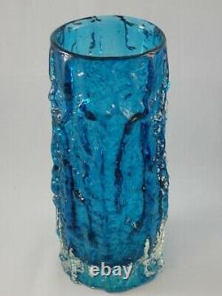 Large Whitefriars Geoffrey Baxter Kingfisher Blue Glass Bark Vase Textured 9691