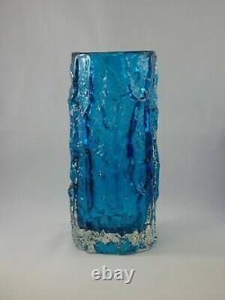 Large Whitefriars Geoffrey Baxter Kingfisher Blue Glass Bark Vase Textured 9691