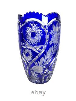 Lausitzer Cobalt Blue Cut to Clear Crystal Vase 12 Hand Cut Floral German Glass