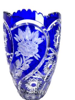 Lausitzer Cobalt Blue Cut to Clear Crystal Vase 12 Hand Cut Floral German Glass