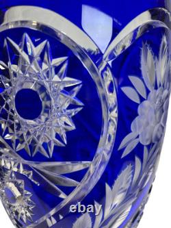 Lausitzer Cobalt Blue Cut to Clear Crystal Vase 12 Hand Cut Floral German Glass