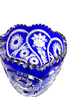 Lausitzer Cobalt Blue Cut to Clear Crystal Vase 12 Hand Cut Floral German Glass