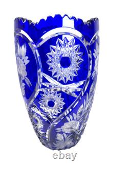 Lausitzer Cobalt Blue Cut to Clear Crystal Vase 12 Hand Cut Floral German Glass