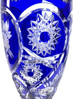 Lausitzer Cobalt Blue Cut to Clear Crystal Vase 12 Hand Cut Floral German Glass