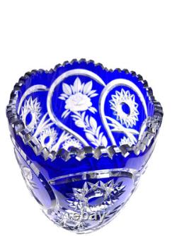 Lausitzer Cobalt Blue Cut to Clear Crystal Vase 12 Hand Cut Floral German Glass