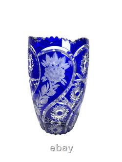 Lausitzer Cobalt Blue Cut to Clear Crystal Vase 12 Hand Cut Floral German Glass