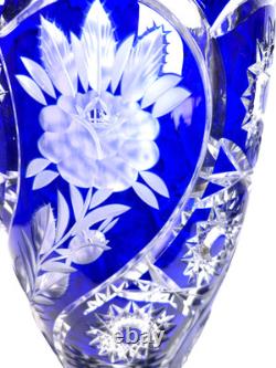 Lausitzer Cobalt Blue Cut to Clear Crystal Vase 12 Hand Cut Floral German Glass