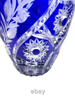 Lausitzer Cobalt Blue Cut to Clear Crystal Vase 12 Hand Cut Floral German Glass