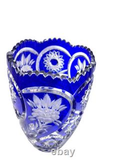 Lausitzer Cobalt Blue Cut to Clear Crystal Vase 12 Hand Cut Floral German Glass