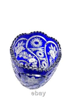 Lausitzer Cobalt Blue Cut to Clear Crystal Vase 12 Hand Cut Floral German Glass
