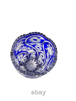 Lausitzer Cobalt Blue Cut to Clear Crystal Vase 12 Hand Cut Floral German Glass