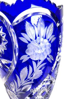 Lausitzer Cobalt Blue Cut to Clear Crystal Vase 12 Hand Cut Floral German Glass