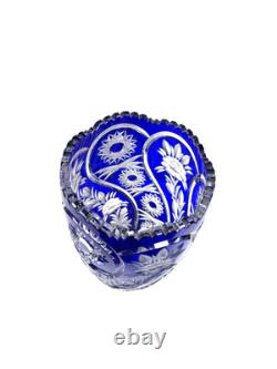 Lausitzer Cobalt Blue Cut to Clear Crystal Vase 12 Hand Cut Floral German Glass