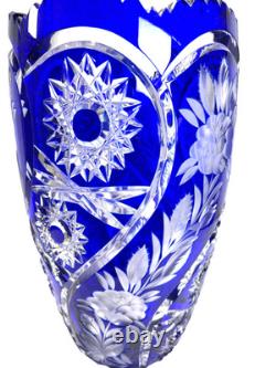 Lausitzer Cobalt Blue Cut to Clear Crystal Vase 12 Hand Cut Floral German Glass