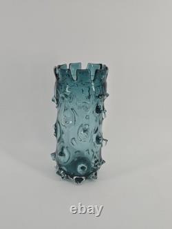 Lazy Susan Blue Thorn Glass Vase Brutalist Heavy 9.25 Tall AS IS READ