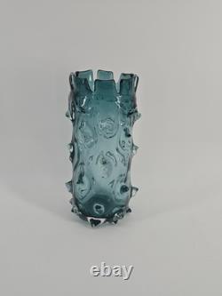 Lazy Susan Blue Thorn Glass Vase Brutalist Heavy 9.25 Tall AS IS READ