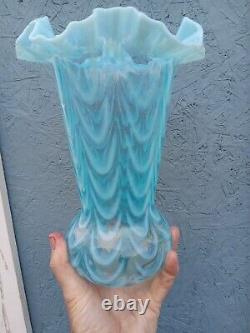Lg. Antique Blue White loop Swirl Glass Opalescent Vase 10 Fenton