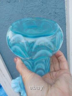 Lg. Antique Blue White loop Swirl Glass Opalescent Vase 10 Fenton