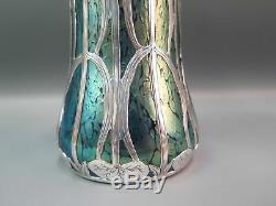 Loetz Art Glass Vase Blue Iridescent Silver Overlay Water Lilies Ruby Papillon