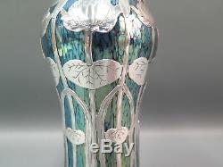 Loetz Art Glass Vase Blue Iridescent Silver Overlay Water Lilies Ruby Papillon