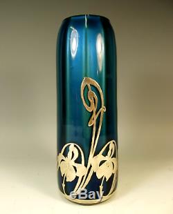 Loetz Blue Metallin Silver Overlaid Glass Vase