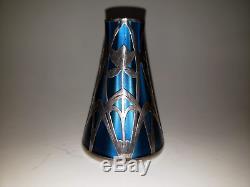 Loetz Blue Metallin with Sterling Overlay vase