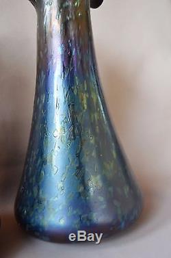 Loetz Cobalt Papillon Blue Iridescent Glass Austrian Art Pair of Vase Two Vase