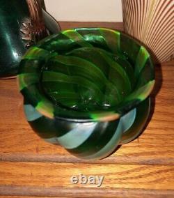 Loetz Kralik Blue On Green Glatt Threaded Vase 3.5 RARE