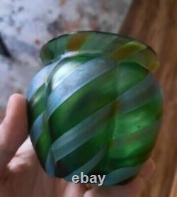 Loetz Kralik Blue On Green Glatt Threaded Vase 3.5 RARE