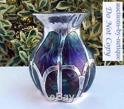Loetz Nouveau Melon Rib Art Glass Cabinet Vase Sterling Silver Overlay Fish HM