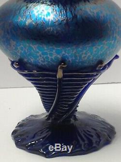 Loetz Phanomenen Art Glass Vase. Bohemia. Spider Web Application. Blue Oil Spot