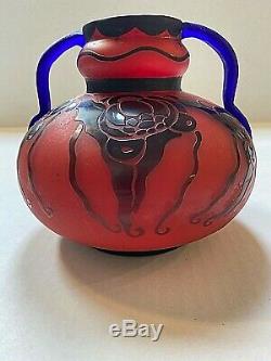 Loetz Red & Blue Cameo Glass Vase With Handles Signed Richard