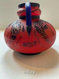 Loetz Red & Blue Cameo Glass Vase With Handles Signed Richard