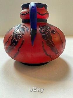 Loetz Red & Blue Cameo Glass Vase With Handles Signed Richard