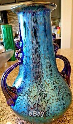 Loetz Signed Czech Bohemian Glass Papillon Iridescent Cobalt Oil Spot Vase 10.5