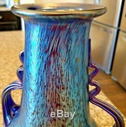 Loetz Signed Czech Bohemian Glass Papillon Iridescent Cobalt Oil Spot Vase 10.5