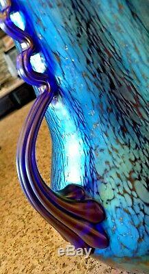 Loetz Signed Czech Bohemian Glass Papillon Iridescent Cobalt Oil Spot Vase 10.5