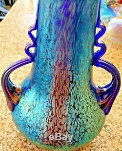 Loetz Signed Czech Bohemian Glass Papillon Iridescent Cobalt Oil Spot Vase 10.5