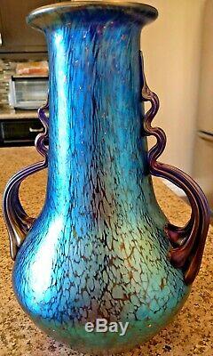 Loetz Signed Czech Bohemian Glass Papillon Iridescent Cobalt Oil Spot Vase 10.5