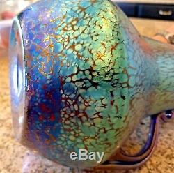 Loetz Signed Czech Bohemian Glass Papillon Iridescent Cobalt Oil Spot Vase 10.5