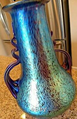 Loetz Signed Czech Bohemian Glass Papillon Iridescent Cobalt Oil Spot Vase 10.5