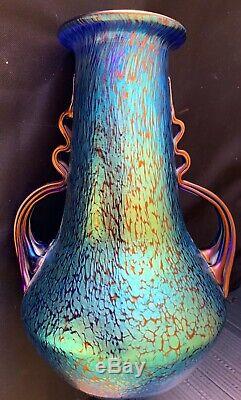 Loetz Signed Czech Bohemian Glass Papillon Iridescent Cobalt Oil Spot Vase 10.5